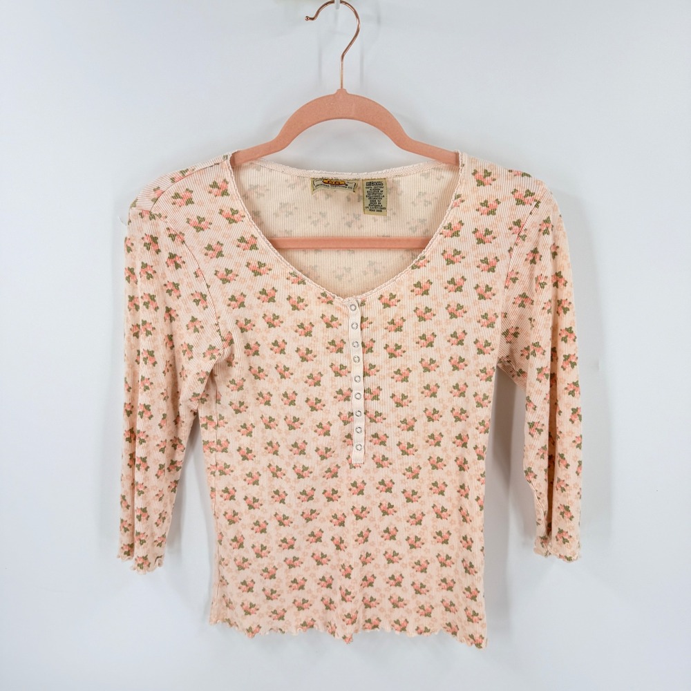 Vintage Cottage Route 66 Henley Top‎ Pink Medium Y2K Floral Ribbed Lettuce Edge